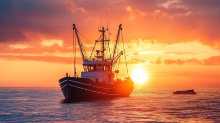 Obraz premium Fishing vessel silhouette at sunset in the open ocean with a bright sun