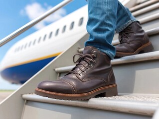 Person wearing brown boots walking up airplane stairs, airplane visible in background, blue jeans and brown boots.