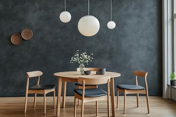 Modern dining room with wooden table and chairs, pendant lights, and textured dark wall