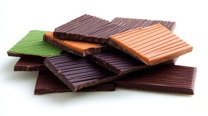 Assortment of Delicious Assorted Chocolate Bars with Varied Flavors and Textures Piled Together on White Background for Confectionery and Snack Display