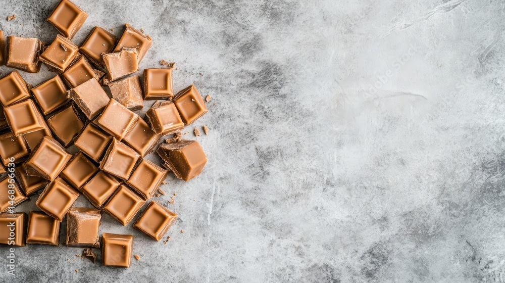 Poster close-up of scattered milk chocolate squares arranged on a textured gray surface with empty space fo