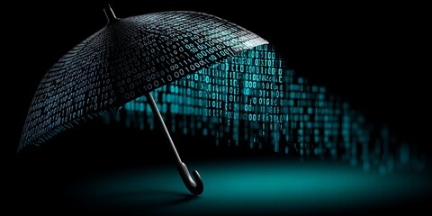 Digital Rain and Umbrella Symbol Representing AI Data Protection