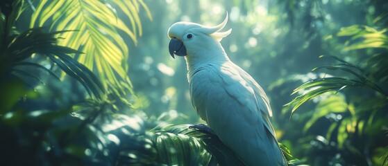 Majestic cacatua parrot perched in a lush jungle.