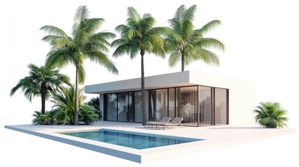 Fototapeta premium Contemporary villa with swimming pool surrounded by palm trees on white background