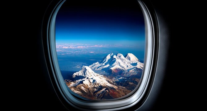 Empty spacecraft window overlooking Earth and mountains in space - Powered by Adobe