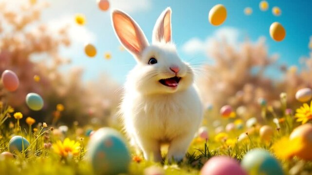 Adorable Easter Bunny in Spring Meadow with Eggs