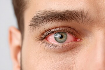 Obraz premium Close-up of irritated red eye, man with bloodshot eye, possible conjunctivitis.