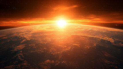 Obraz premium Fiery sunrise over a planet's surface.