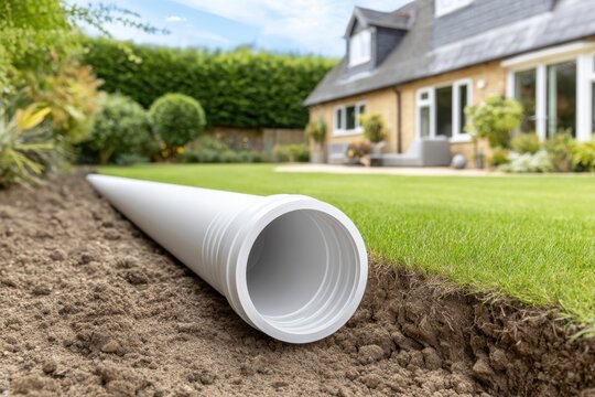 White plastic pipe laying in a shallow trench, beside a lush green lawn, in a residential backyard.