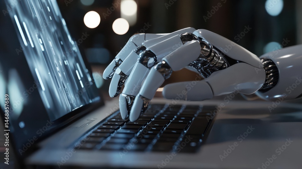 Aufkleber person types on laptop interacting with ai virtual assistant. ai concepts like prompt engineering, g