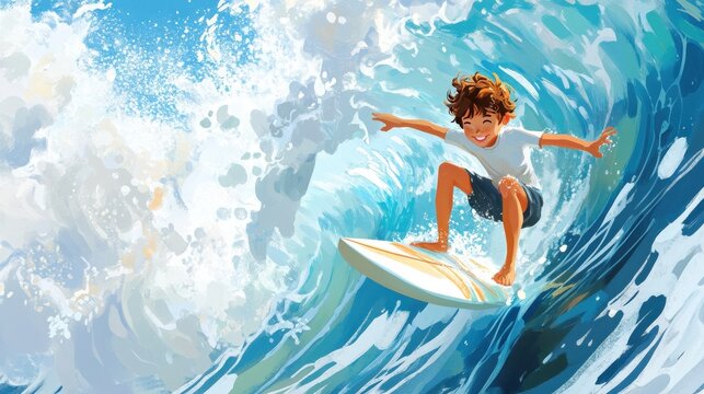 Illustration of a boy surfing in the waves illustration , no logos, no brands
