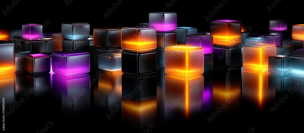 Poster abstract background with neon cubes and glowing blocks