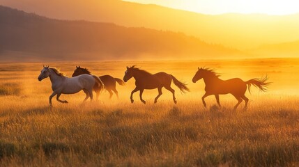 Fototapeta premium A Herd of Horses Galloping Through a Golden Grassy Field at Sunrise