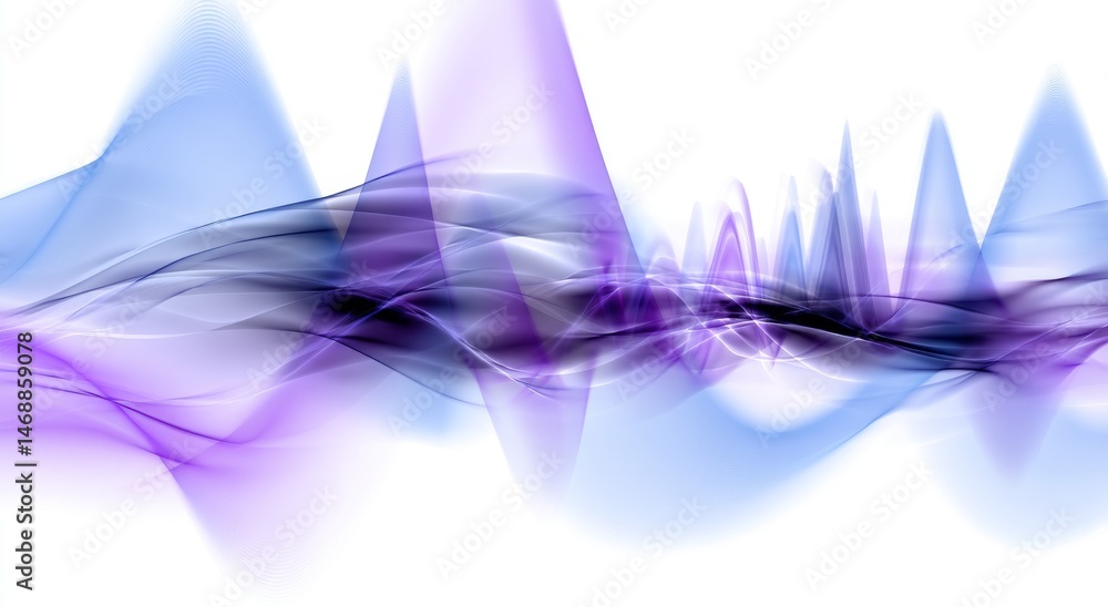 Poster light blue and purple wavy lines representing sound waves and data flow on isolated background