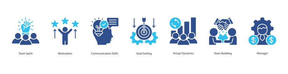 Team Motivation web banner icon sheet vector team spirit, motivation, communication skills, goal setting, group dynamics, team building, manager