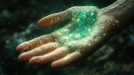 Fototapeta premium Glowing green crystal in hand