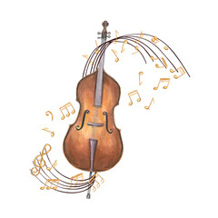 Cello embraced by curling musical staff with floating notes romantic watercolor illustration isolated background. Musical composition for concert posters, school materials, and elegant stationery © Masha_tolk_art