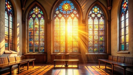 Obraz premium Warm sunlight filtering through a stained glass window in a beautiful old church, sunlight, stained glass, sunlight