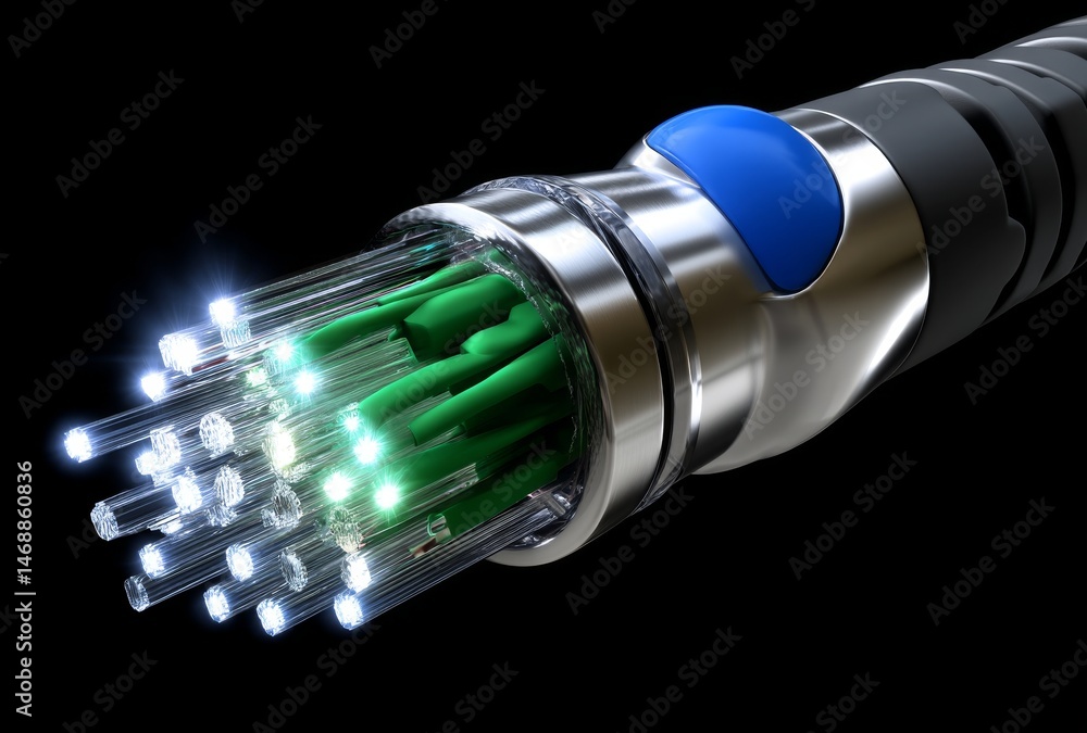 Poster 3d render of binary code flowing from optical fiber cable