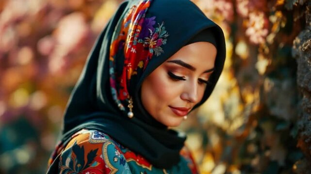 Beautiful Woman in Floral Hijab Autumn Portrait Photography