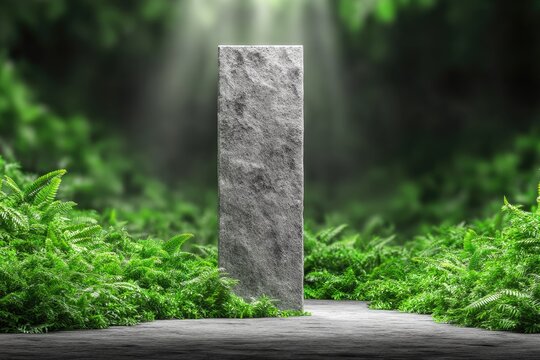 Gray Stone Obelisk In Lush Green Forest Setting