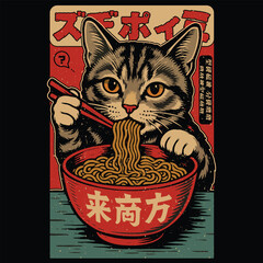 Ramen Noodles japanese cat vintage t-shirt design template eps file