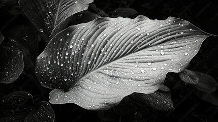 A large, broad leaf, covered in droplets of rain that cling to its veins, catching the light as the storm subsides.