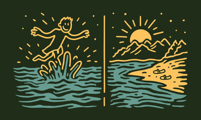 Fototapeta premium Playful Doodle of a Boy Jumping into Water Against Scenic Background