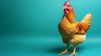 Fototapeta premium shot of a single, plump hen against a teal background.