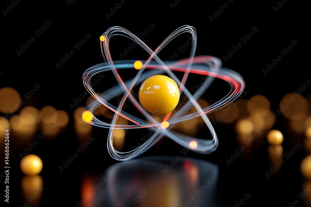 Poster futuristic atomic hologram: glowing proton energy lines with bokeh effect