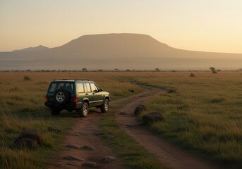 Scenic View of a 4x4 Vehicle on an Off-Road Trail in a Vast Grassland with Mountain in the Background at Sunrise