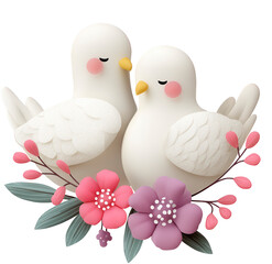Stylized White Doves Nestled Together Among Colorful Flowers on a Transparent Background