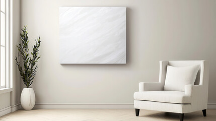 Modern interior featuring minimalist white chair and large abstract painting on wall, creating serene atmosphere