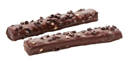 Chocolate coated biscuit bars topped with crunchy chocolate chips on transparent background for dessert designs