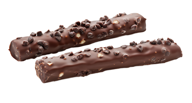 Chocolate coated biscuit bars topped with crunchy chocolate chips on transparent background for dessert designs