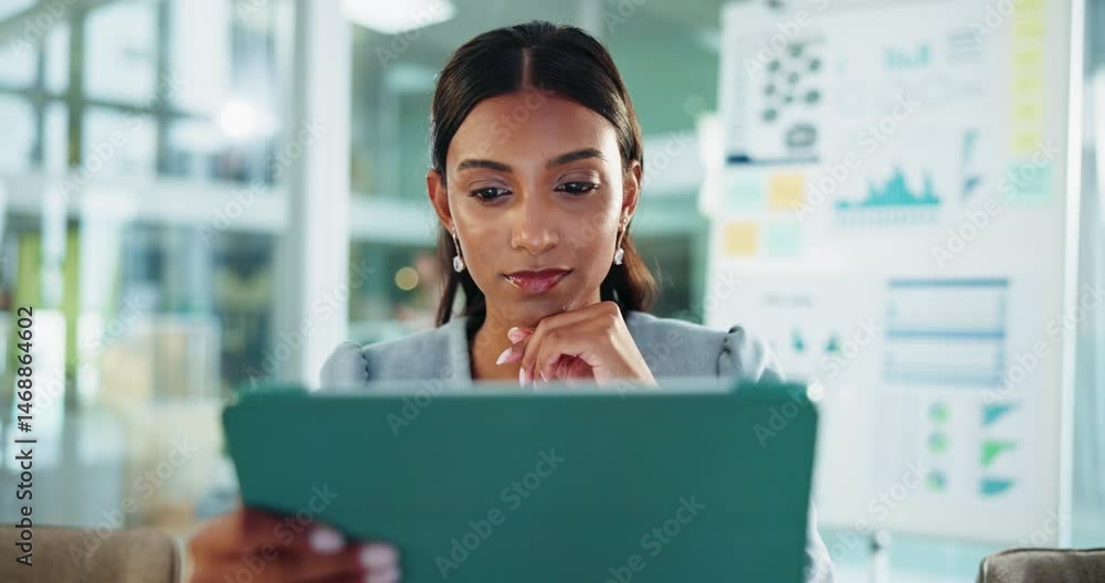 Poster tablet, thinking and business woman in office for reading data, financial insight or problem solving