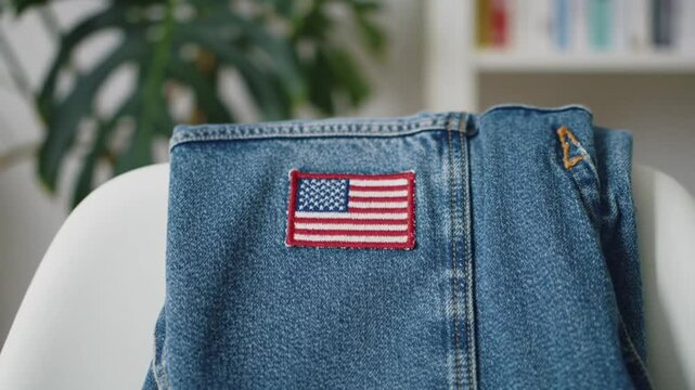 Folded denim jacket with tiny stitched USA flag patch resting on a chair