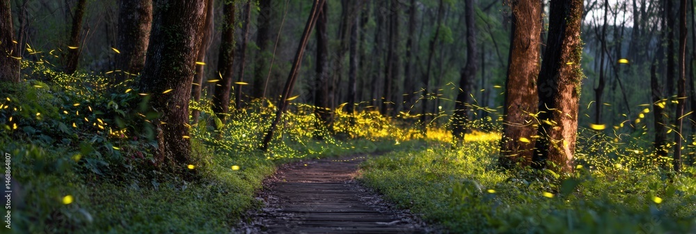 Poster walking along a firefly trail at dusk surrounded by soft twilight light in a serene forest setting g