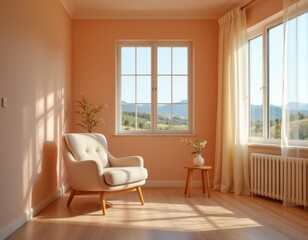 Serene Living Room Interior with Mountain View