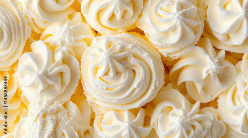 Poster close-up of numerous creamy vanilla swirl cupcakes with smooth frosting and intricate decorative pip