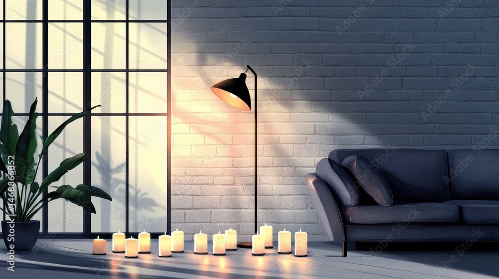 Poster black lamp standing by a sofa and a row of candles lying on the floor in front of a window shedding 