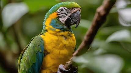 Obraz premium Vibrant Macaw Perched on Branch with Colorful Plumage in Tropical Forest Setting