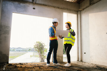 Engineers and architects collaborate at a construction site, wearing safety gear, examining...
