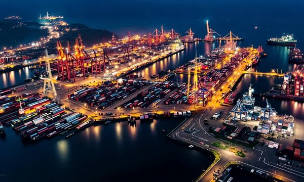 Nighttime Aerial View of a Bustling Global Port
