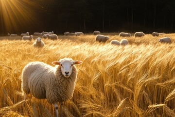 A sunlit field of golden wheat filled with fluffy white sheep grazing peacefully in the serene countryside environment.