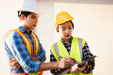 Engineers and architects collaborate at a construction site, wearing safety gear, examining...