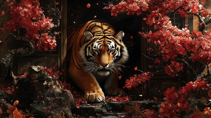 Majestic tiger emerges from ornate Asian doorway, surrounded by vibrant fall foliage