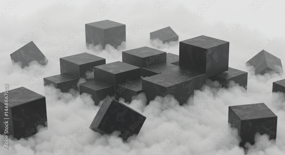 Poster abstract floating marble cubes on misty background for creative concepts