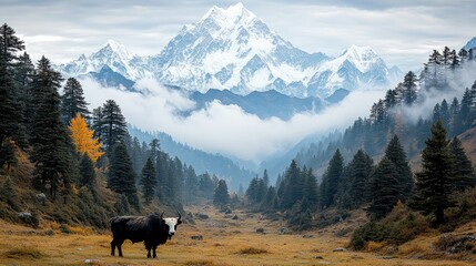 Majestic yak in a valley with snow-capped mountains