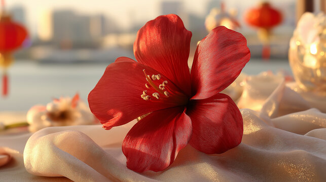Close-up of a red bauhinia brooch on silk, golden light on petals, festive city backdrop - celebrating Hong Kong's establishment day with elegance.